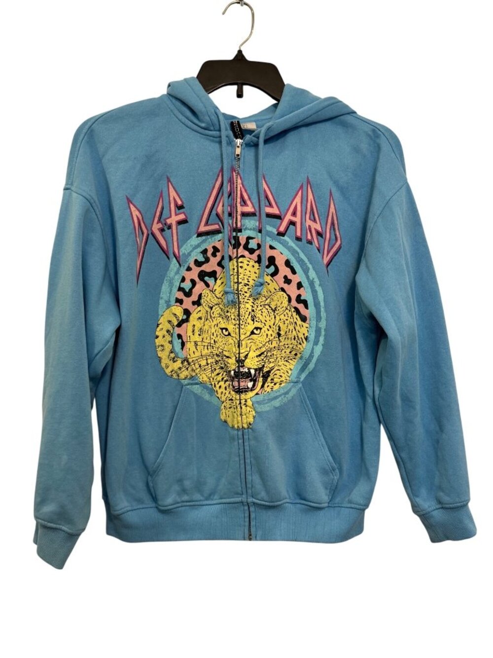Def Leppard Blue Zip-Up Hoodie With Leopard Graphic Divided By H&M Size S Cotton